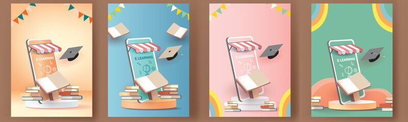 Fototapeta premium back to school colorful podium with school bus yellow and book elearning vector illustation 