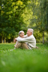 Naklejka na ściany i meble Portrait of elderly couple sitting on green grass in the summer park