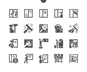 Glass cleaning. Clean window. Washer, cleaner, wash, service, housework. Wiping window. Vector Solid Icons. Simple Pictogram