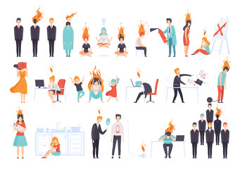 Stress with People Character with Negative Emotion Burned Out at Work and at Home with Flame Big Vector Set