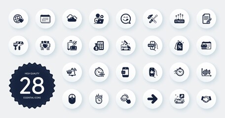 Set of Business icons, such as Article, Notification cart and Timer flat icons. Stress grows, Car service, Discount tags web elements. Computer mouse, Paint roller, Baggage reclaim signs. Vector
