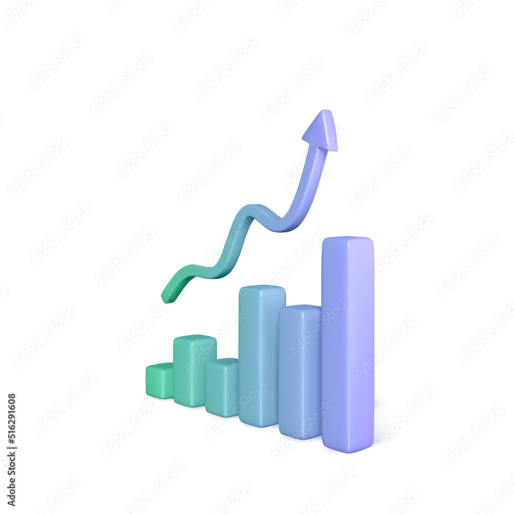 Poster 3d statistic graph bar with rising arrow in realistic cartoon style. chart of growth profit. busines