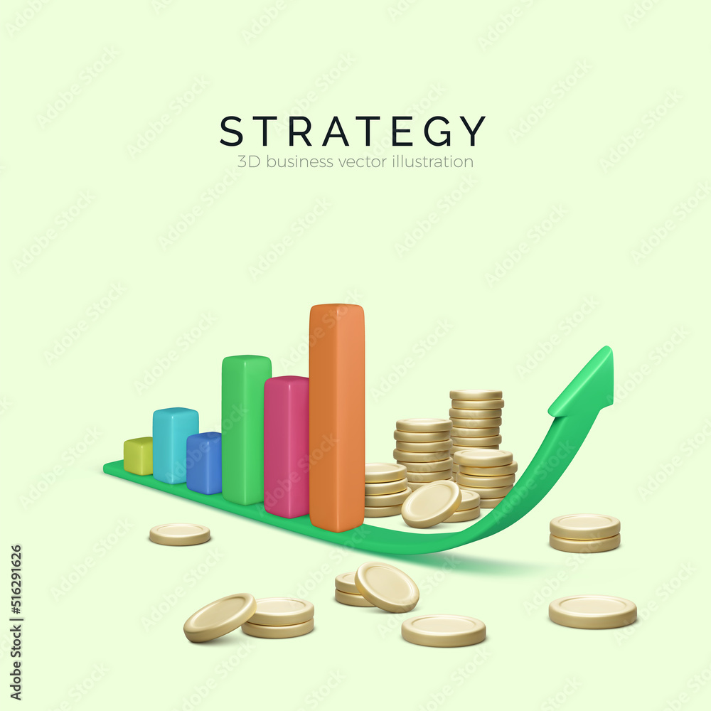 Poster 3d chart bar on rising arrow with stacks of gold coins. statistics and analysis of business success