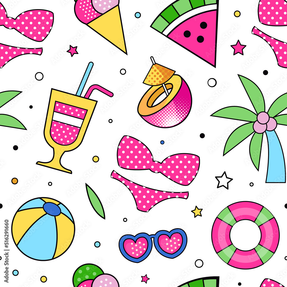 Poster summer colorful design with bright beach objects vector seamless pattern template