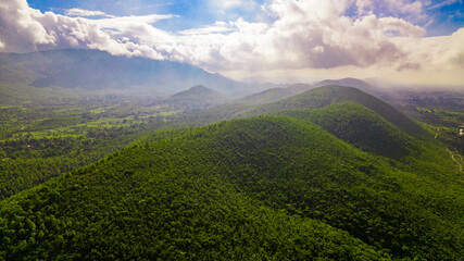 Aerial landscape with green hills and forest