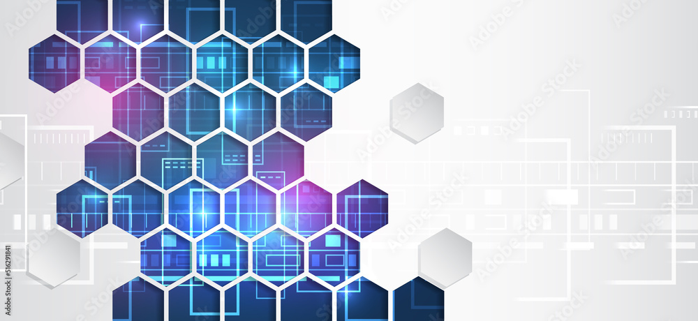 Poster Futuristic illustration. Abstract hexagons science on the blue background. Hi-tech digital technology and engineering concept. Wide Sci fi template with polygons.