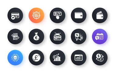 Minimal set of Payment methods, Money bag and Cashback card flat icons for web development. Stress, Loyalty card, Euro rate icons. Pound money, Buying, Discounts calendar web elements. Vector