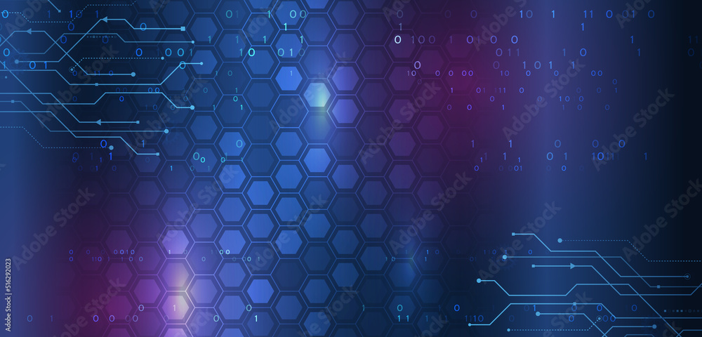 Poster Blue background with various technological elements. Hi-tech computer digital technology concept. Abstract hexagons. Technology communication vector illustration.