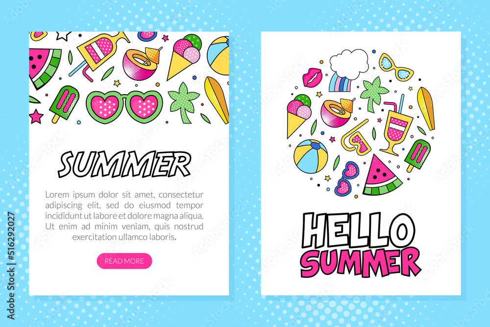 Poster summer colorful design with bright beach objects vector template