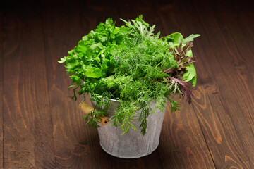 a bunch of green dill, parsley, salad and other greens in an iron bucket, dark wooden background, concept of fresh vegetables and healthy food