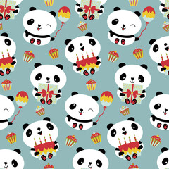Kawaii panda birthday vector seamless pattern background. Cute backdrop with laughing cartoon bears holding cakes, balloons, cupcakes. Gender neutral design. For baby and kids birthdays