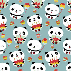 Obraz premium Kawaii panda birthday vector seamless pattern background. Cute backdrop with laughing cartoon bears holding cakes, balloons, cupcakes. Gender neutral design. For baby and kids birthdays