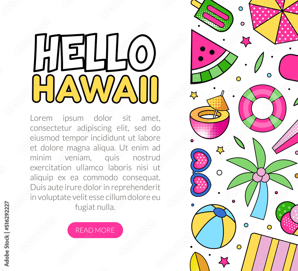 Poster summer colorful design with bright beach objects vector template