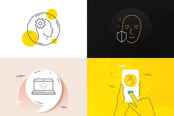 Minimal set of Engineering, Face protection and Website education line icons. Phone screen, Quote banners. Cash icons. For web development. Cogwheel head, Secure access, Video learning. Vector