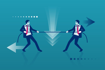 Competition concept. Business people. Businessmen in suit pull the rope as a symbol of rivalry, competition, conflict. Tug of war. Vector illustration, flat design. Corporate conflicts.