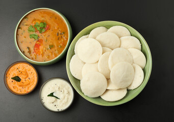 Traditional breakfast of South India IDLY served with sambar & Chutney
