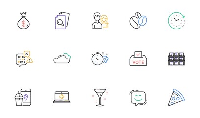 Cocktail, Vote box and Pizza line icons for website, printing. Collection of Coffee beans, Teamwork, Money bag icons. Cogwheel timer, Food app, Inspect web elements. Binary code. Vector