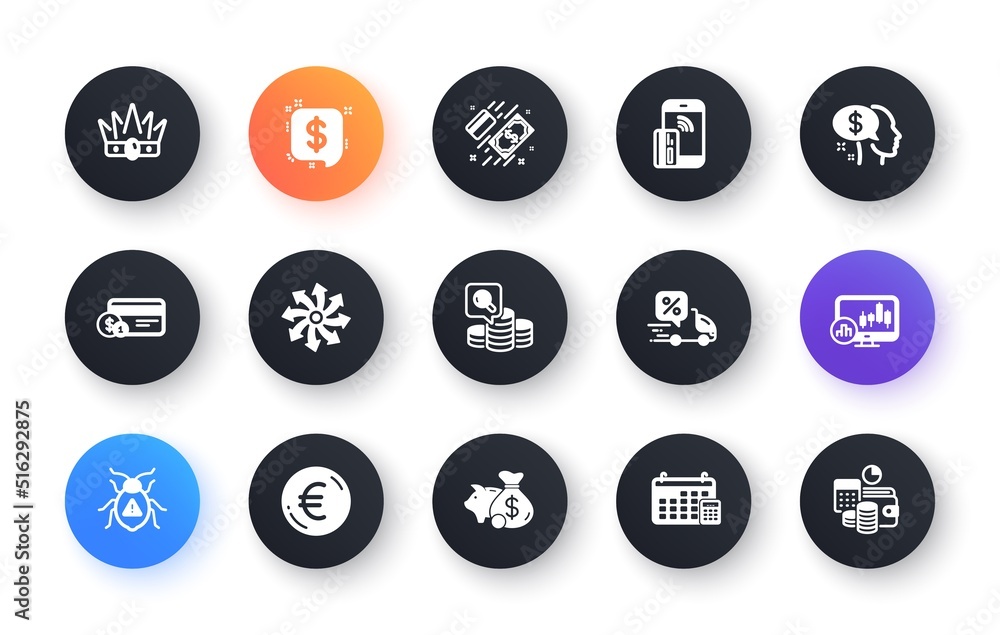 Aufkleber minimal set of contactless payment, candlestick chart and crown flat icons for web development. soft
