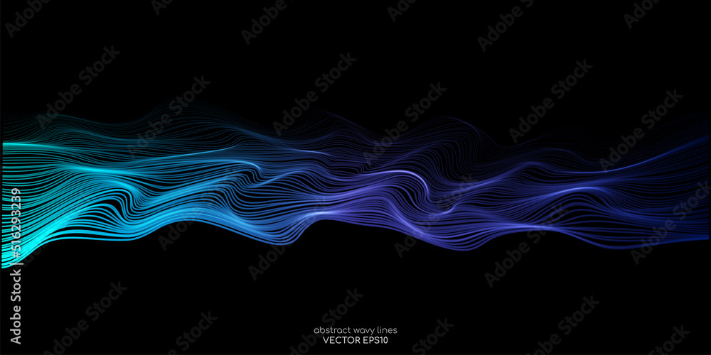 Aufkleber Vector wave lines smooth flowing dynamic blue green gradient light isolated on black background for concept of technology, digital, communication, science, music