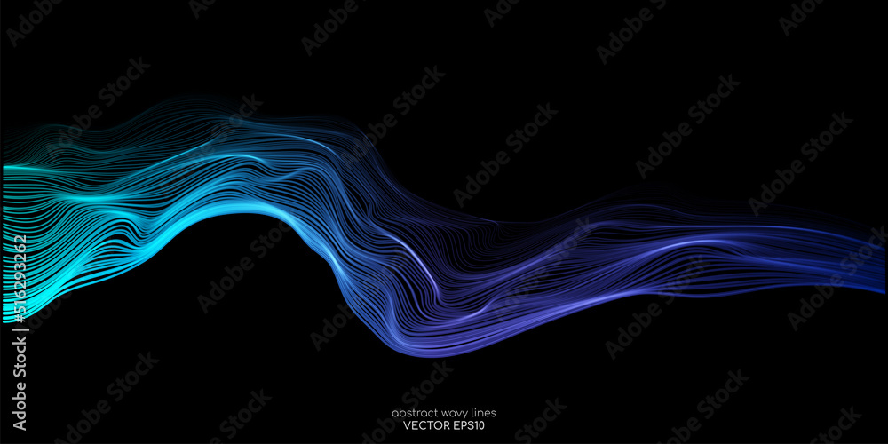 Poster vector wave lines smooth flowing dynamic blue green gradient light isolated on black background for 