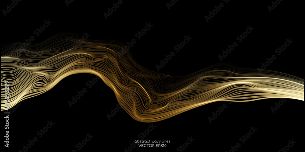 Poster Vector wave lines smooth flowing dynamic gold gradient light isolated on black background for concept of luxury, technology, digital, communication, science, music