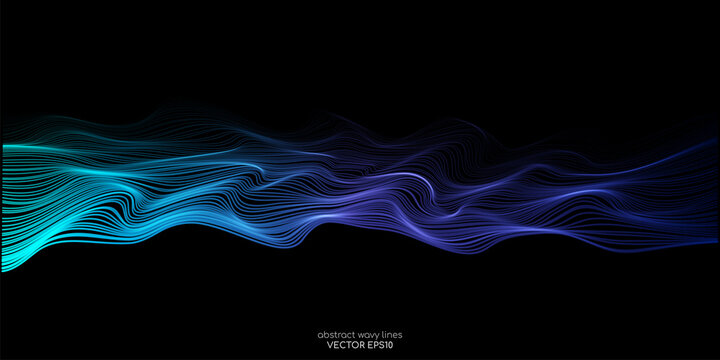 Vector wave lines smooth flowing dynamic blue green gradient light isolated on black background for concept of technology, digital, communication, science, music