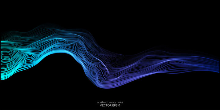 Vector wave lines smooth flowing dynamic blue green gradient light isolated on black background for concept of technology, digital, communication, science, music