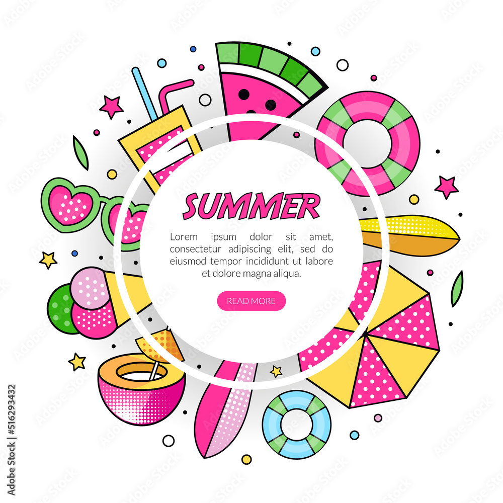 Poster summer colorful design with bright beach objects vector template