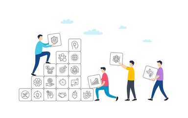 Core values line icons. People team work concept. Integrity, Target purpose and Strategy. Trust handshake, social responsibility, commitment goal icons. Vector