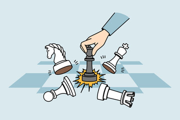 Businessman playing chess on chessboard. Concept of business strategy and planning. Gambit utter and victory. Vector illustration. 