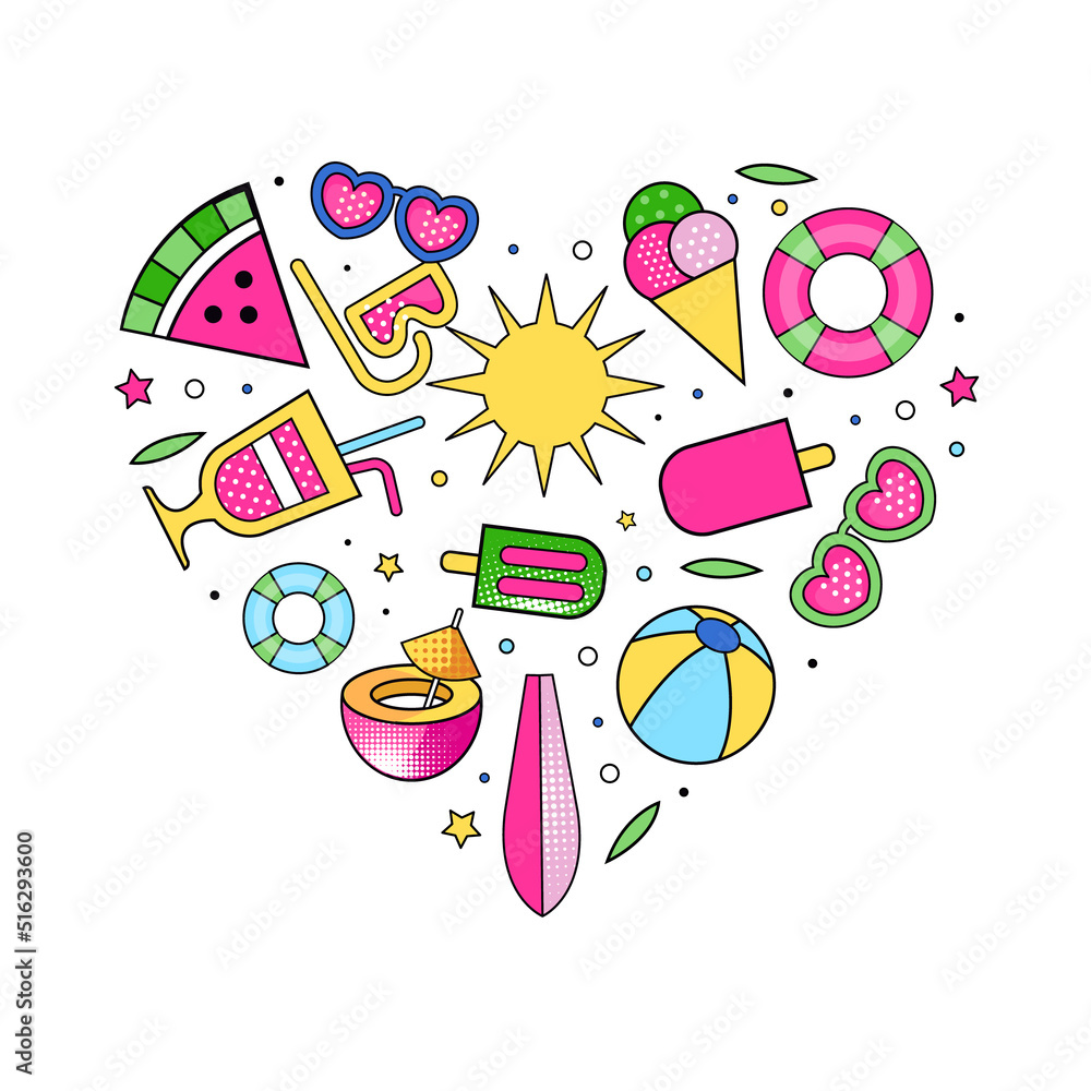 Poster summer colorful design with bright beach objects heart shaped vector composition