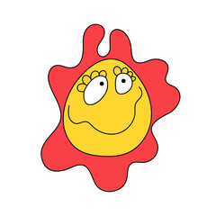 Doodle retro smiling emoji. Vector happy vintage sticker.