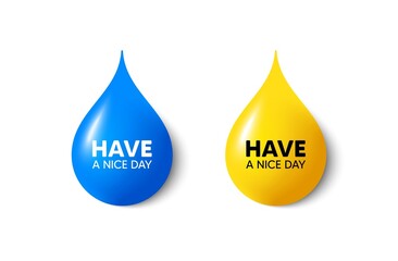 Paint drop 3d icons. Have a nice day tag. Happy holiday offer. Chill wish message. Yellow oil drop, watercolor blue blob. Holiday promotion. Vector