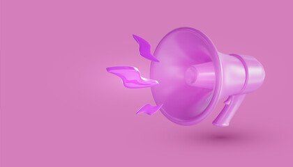 Pink megaphone loudspeaker on  pink background. 3D render  illustration.