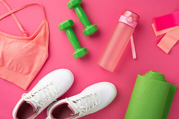 Fitness accessories concept. Top view photo of pink sports bra green dumbbells white sneakers exercise mat bottle and resistance bands on isolated pink background