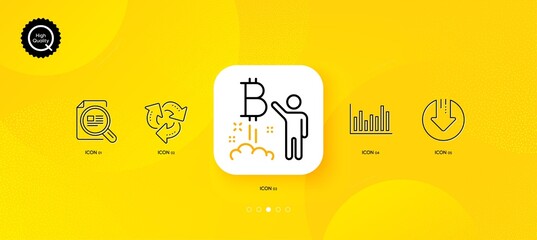 Fototapeta na wymiar Bitcoin project, Check article and Download arrow minimal line icons. Yellow abstract background. Recycle, Bar diagram icons. For web, application, printing. Vector