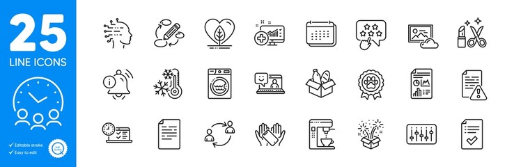 Fototapeta na wymiar Outline icons set. User communication, Smile and Ranking star icons. Medical analytics, Keywords, Coffee maker web elements. Laundry, Information bell, Fireworks signs. Freezing. Vector