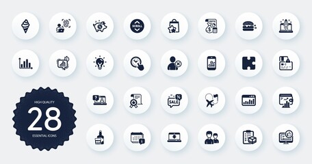 Set of Business icons, such as Time management, Faq and Start business flat icons. Certificate, Discounts bubble, Statistics timer web elements. Calendar, Loyalty points. Circle buttons. Vector