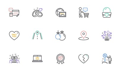 Online shopping, Pin and Ice cream line icons for website, printing. Collection of Discount, Broken heart, Account icons. Fireworks stars, Marriage rings, Christmas ball web elements. Vector