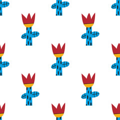 Simple seamless pattern with abstract tulips. Primitive flowers isolated on a white background. Vector flat floral illustration