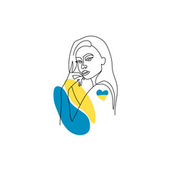 Woman in Ukrainian symbols. Art. Ukraine support concept. No war. Support for Ukraine. Vector illustration. Isolated, line art