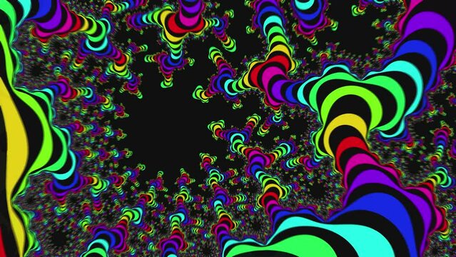 Psychedelic colorful flying inwards into a rainbow fractal, spot movement in an abstract background animation and a new unique art style quality, joyful and cool dynamic video for VJ.