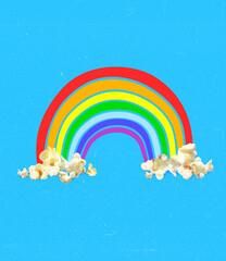 Contemporary art collage. Creative colorful design with rainbow popcorn isolated over blue...