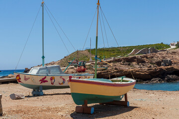 Ios Greece.06-06-2022. Boat  lying on the ground near the sea at Ios .Cyclades Islands. Greece.