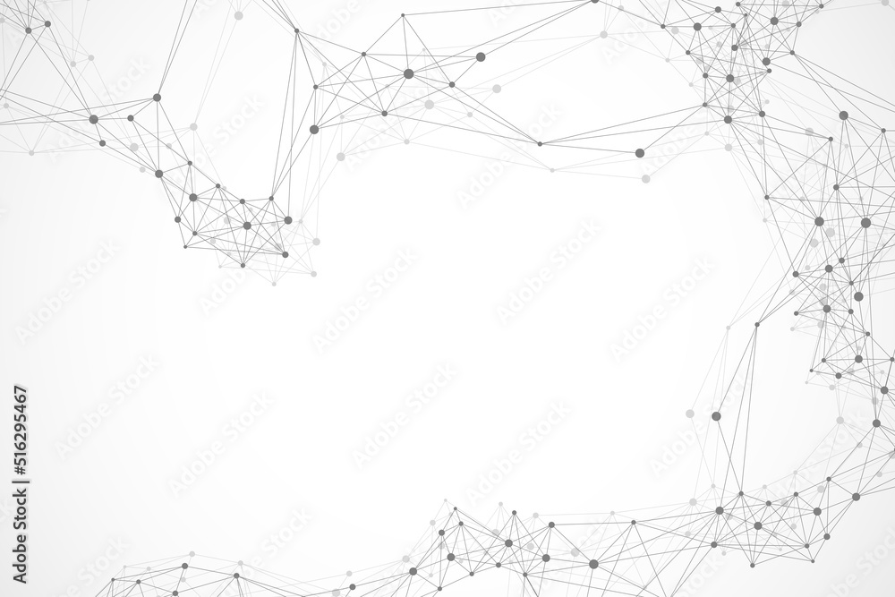 Poster Big data visualization. Geometric abstract background visual information complexity. Futuristic infographics design. Technology background with connected line and dots, wave flow illustration
