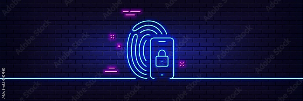 Poster neon light glow effect. lock line icon. fingerprint access sign. security padlock symbol. 3d line ne