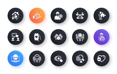 Minimal set of Engineer, Work home and Hold heart flat icons for web development. Dating app, Teamwork, People chatting icons. Delivery discount, Builders union, Puzzle web elements. Vector