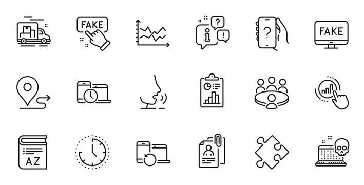 Outline set of Time management, Graph chart and Time line icons for web application. Talk, information, delivery truck outline icon. Include Cyber attack, Diagram chart, Strategy icons. Vector