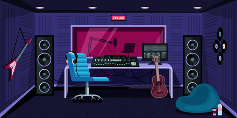 music studio. record sound room with speakers amplifier and guitar for songs live recording. Vector cartoon background