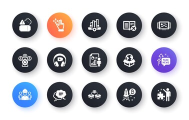 Minimal set of Reject book, Headphones and Move gesture flat icons for web development. Teamwork chart, Video conference, Parcel shipping icons. Tickets, Delivery service. Vector
